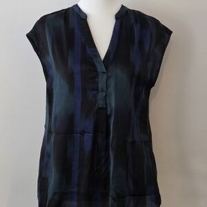 Dynamite Black with Navy & Teal Vertical Stripe Cap-Sleeve Blouse